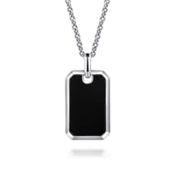 22 Inch 925 Sterling Silver Onyx Dog Tag Pendant Necklace