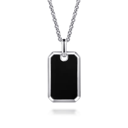 22 Inch 925 Sterling Silver Onyx Dog Tag Pendant Necklace