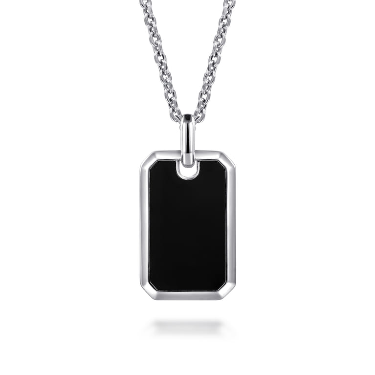 22 Inch 925 Sterling Silver Onyx Dog Tag Pendant Necklace - Shot 1