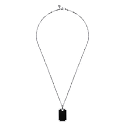 22 Inch 925 Sterling Silver Onyx Dog Tag Pendant Necklace