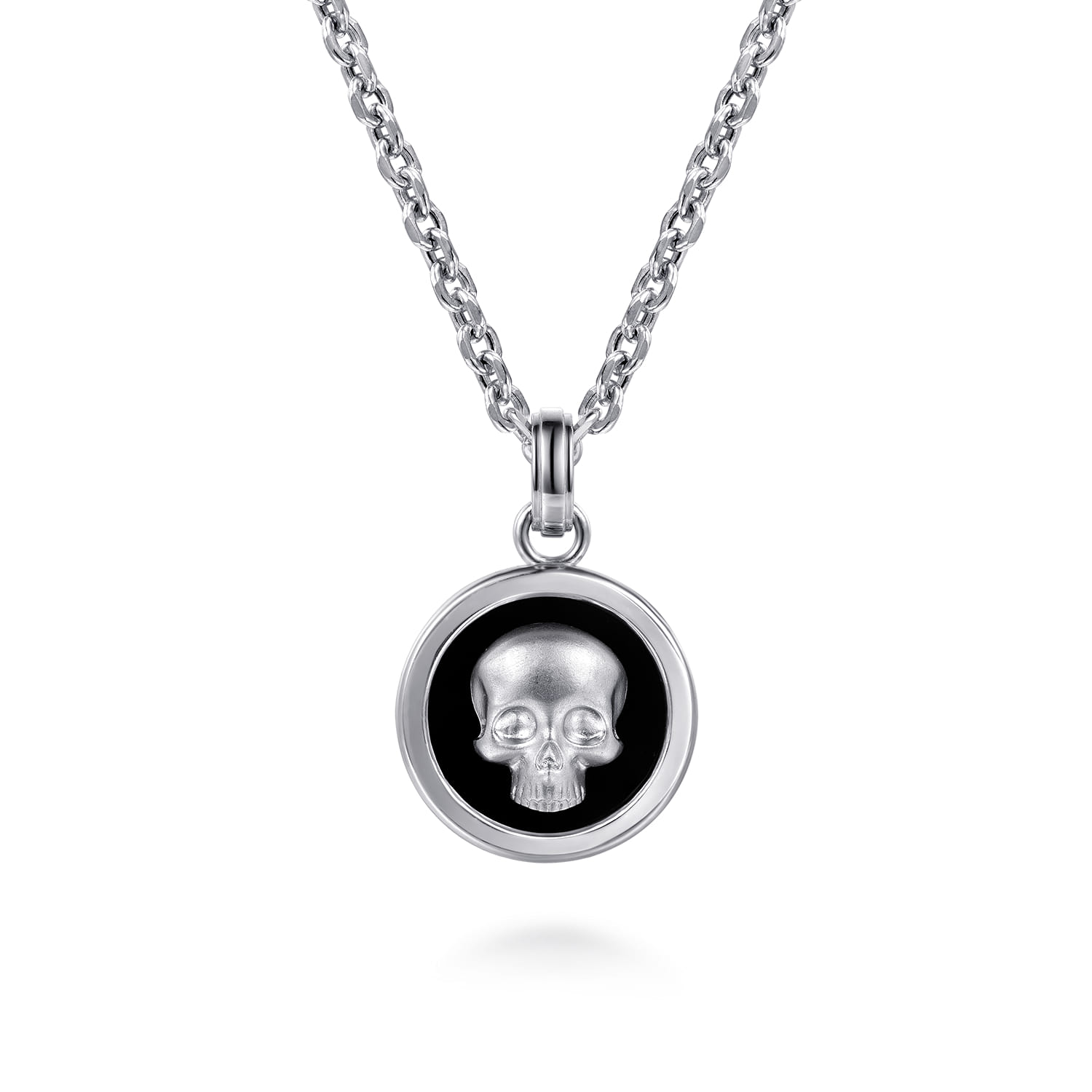 22 Inch 925 Sterling Silver Onyx with Skull Pendant Necklace - Shot 1