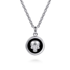 22 Inch 925 Sterling Silver Onyx with Skull Pendant Necklace