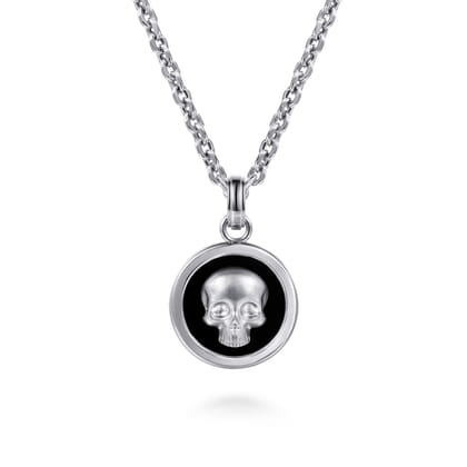 22 Inch 925 Sterling Silver Onyx with Skull Pendant Necklace