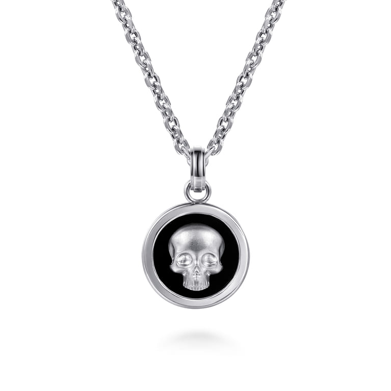 22 Inch 925 Sterling Silver Onyx with Skull Pendant Necklace - Shot 1