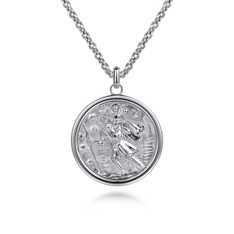 22 Inch 925 Sterling Silver Round St. Christopher Protect US Pendant Necklace - Shot 1