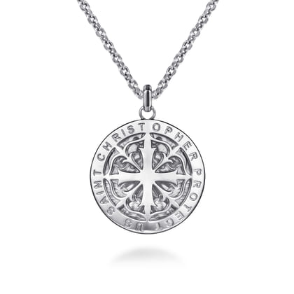 22 Inch 925 Sterling Silver Round St. Christopher Protect US Pendant Necklace