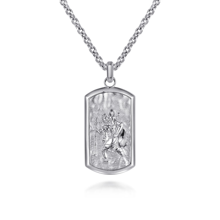 22 Inch 925 Sterling Silver Saint Christopher Dog Tag Pendant Necklace - Shot 1