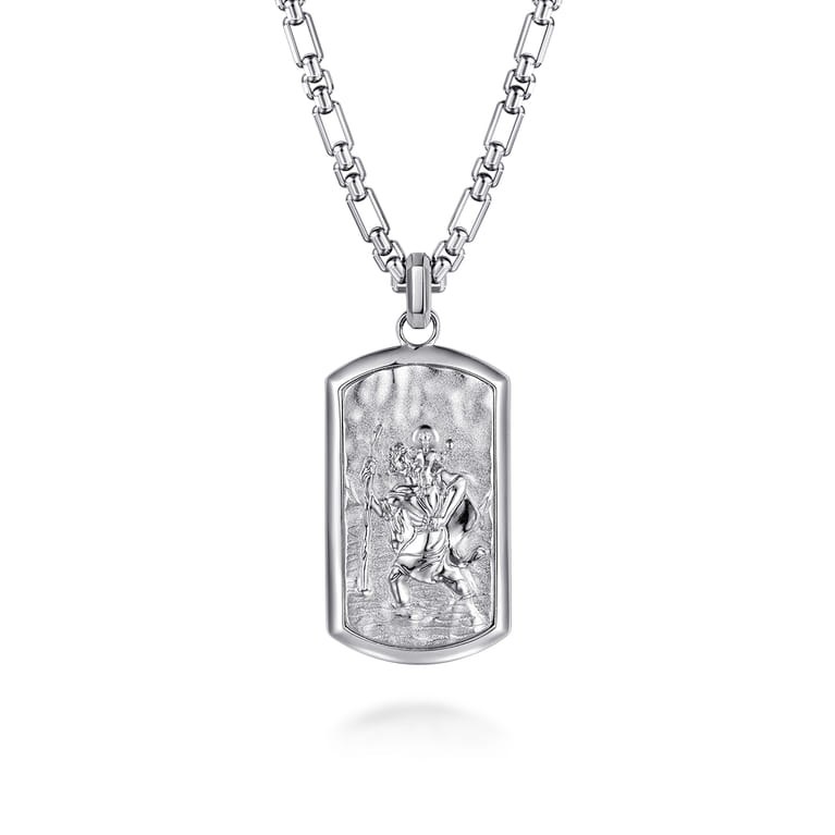 22 Inch 925 Sterling Silver Saint Christopher Dog Tag Pendant Necklace - Shot 1