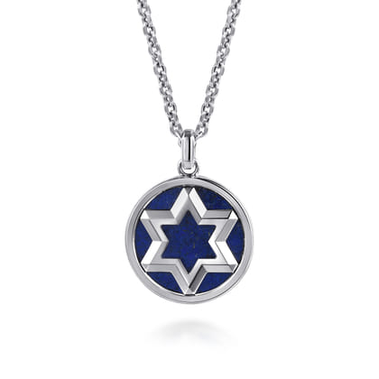22 Inch 925 Sterling Silver Star of David Lapis Pendant Necklace