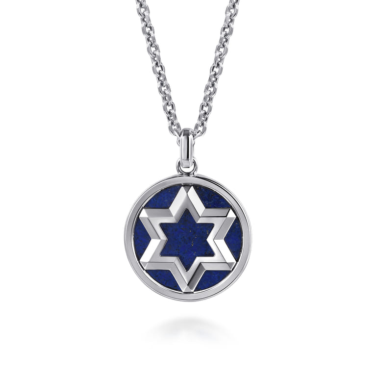 22 Inch 925 Sterling Silver Star of David Lapis Pendant Necklace - Shot 1