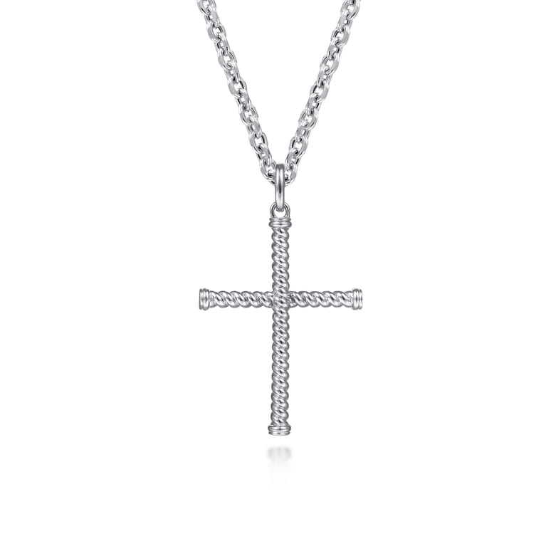 22 Inch 925 Sterling Silver Twisted Rope Cross Pendant Necklace - Shot 1