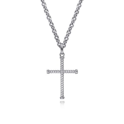 22 Inch 925 Sterling Silver Twisted Rope Cross Pendant Necklace