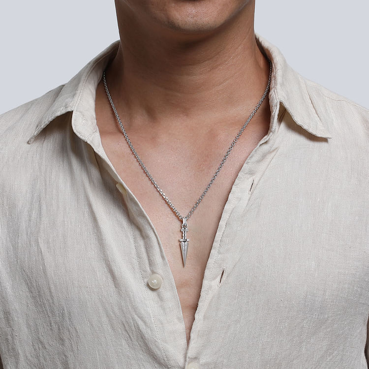 22 Inch 925 Sterling Silver White Sapphire Dagger Pendant Necklace