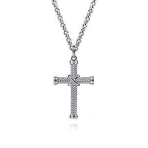 22 Inch 925 Sterling Silver X Center Twisted Rope Cross Pendant Necklace