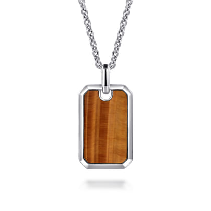 22 Inch 925 Sterling Silver Yellow Tiger Eye Dog Tag Pendant Necklace