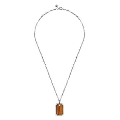 22 Inch 925 Sterling Silver Yellow Tiger Eye Dog Tag Pendant Necklace