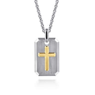 22 Inch 925 Sterling Silver and 14K Yellow Gold Dog Tag With Cross Pendant Necklace