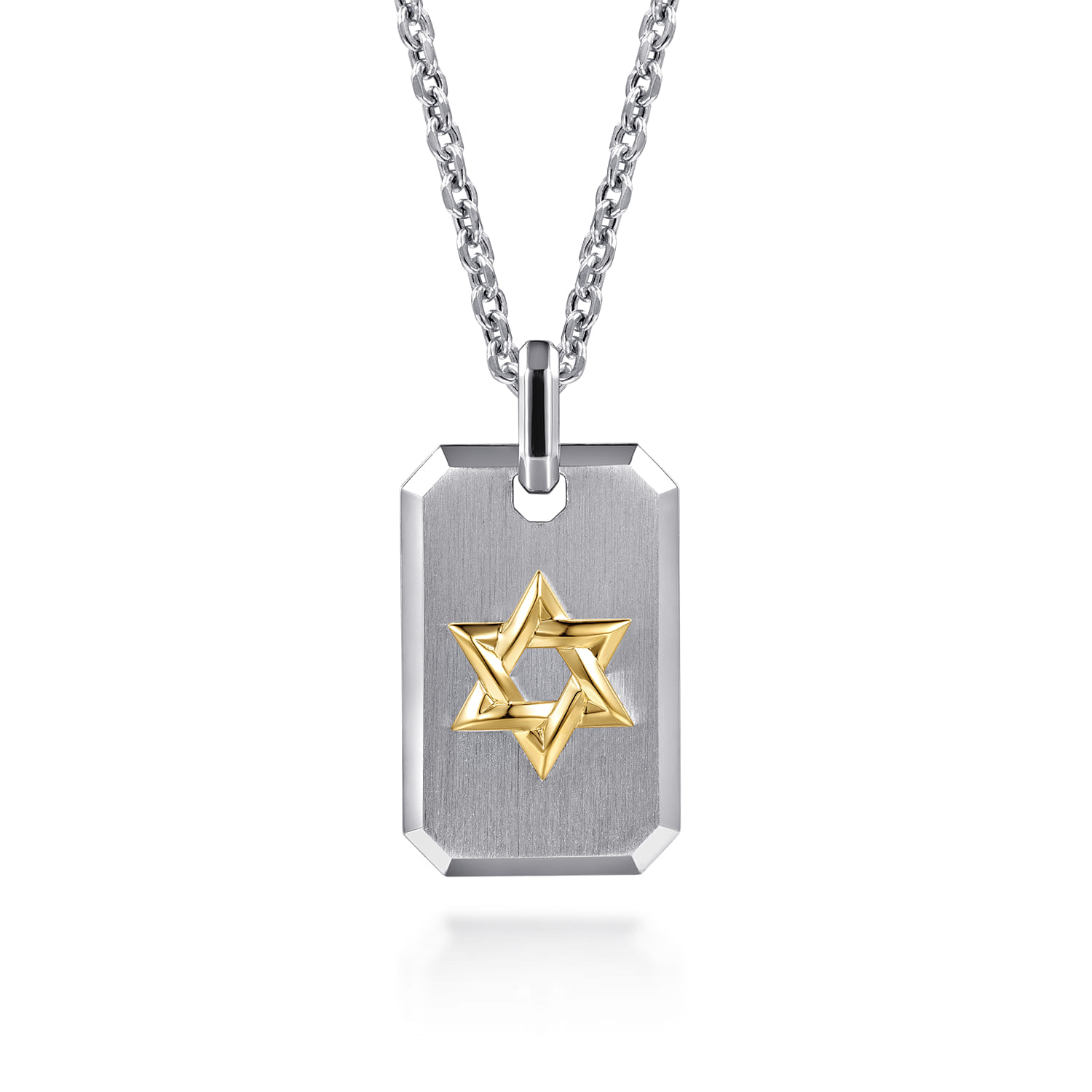 22 Inch 925 Sterling Silver and 14K Yellow Gold Dog Tag With Star of David Pendant Necklace