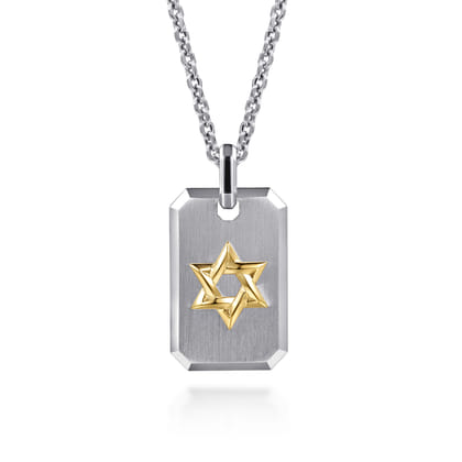 22 Inch 925 Sterling Silver and 14K Yellow Gold Dog Tag With Star of David Pendant Necklace