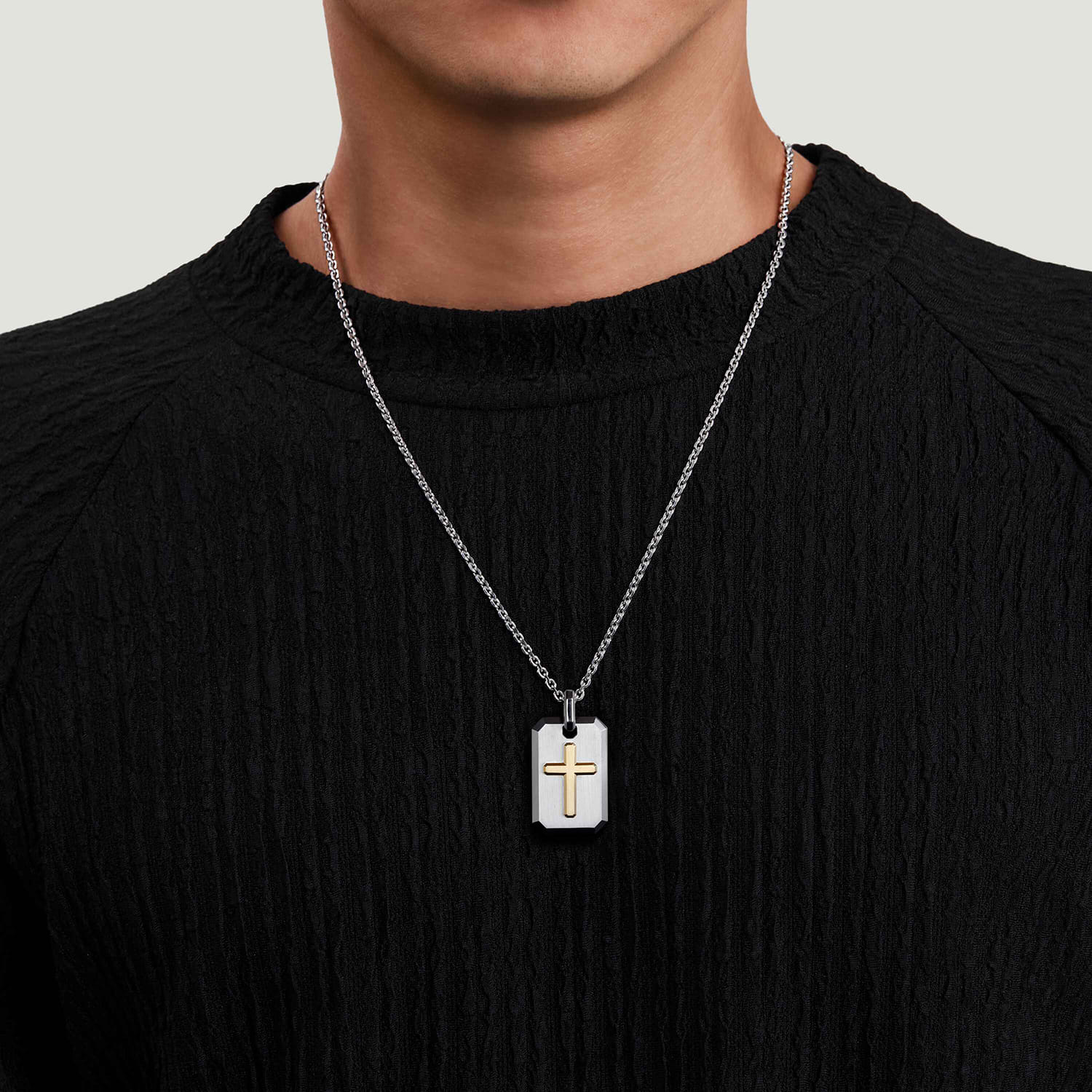 22 Inch 925 Sterling Silver and 14K Yellow Gold Dog Tag with Cross Pendant Necklace - Shot 4