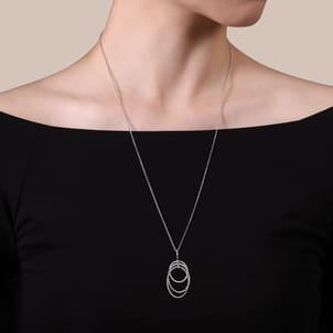 24 Inch 925 Sterling Silver White Sapphire Layered Ovals Pendant Necklace