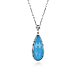 24 inch 925 Sterling Silver Faceted Rock Crystal  Turquoise Doublet Bujukan Teardrop Necklace