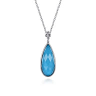 24 inch 925 Sterling Silver Faceted Rock Crystal  Turquoise Doublet Bujukan Teardrop Necklace