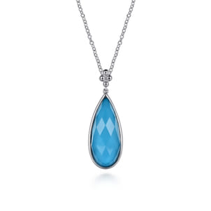 24 inch 925 Sterling Silver Faceted Rock Crystal  Turquoise Doublet Bujukan Teardrop Necklace