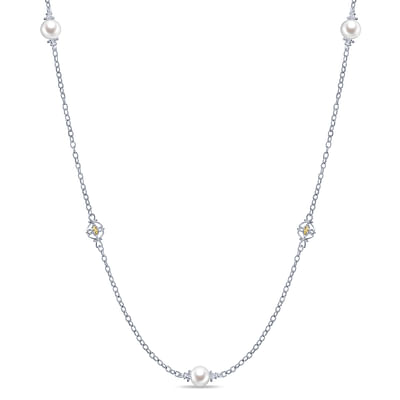 24 inch 925 Sterling Silver and 18K Yellow Gold Cultured Pearl and Filigree Station Necklace