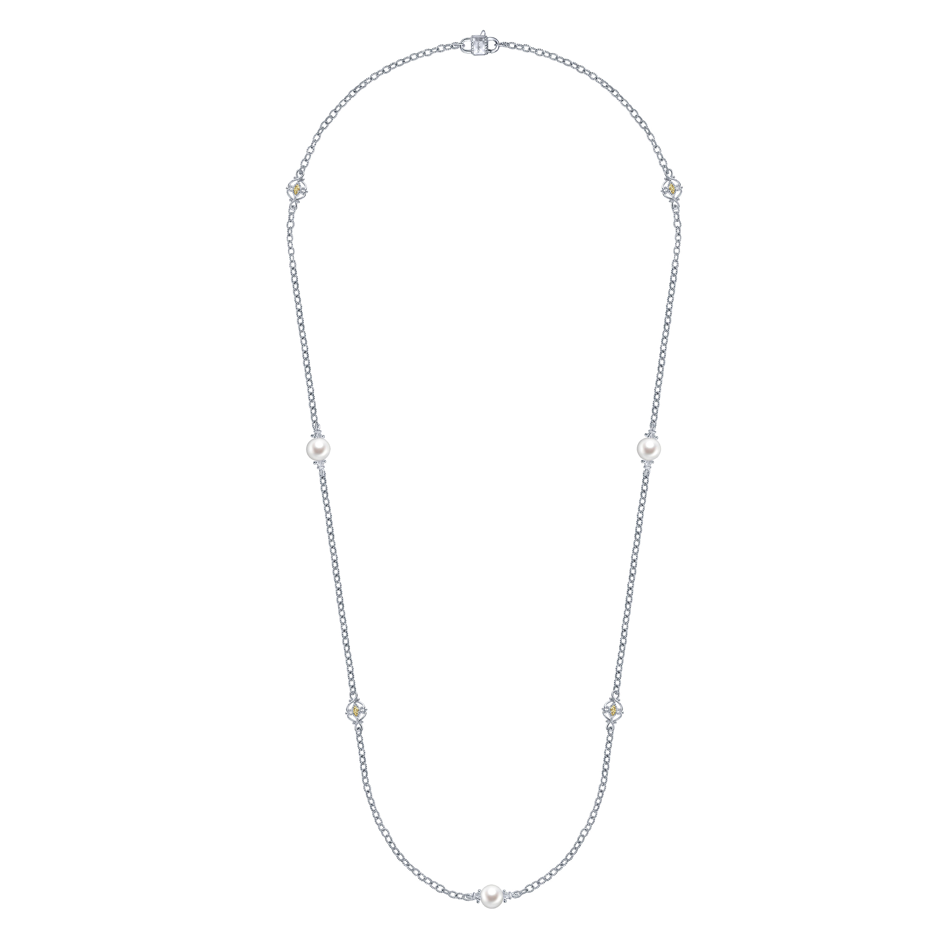 24 inch 925 Sterling Silver and 18K Yellow Gold Cultured Pearl and Filigree Station Necklace - Shot 2