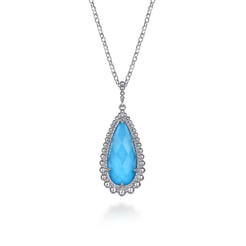 24 inch Sterling Silver Faceted  Rock Crystal& Turquoise Bujukan Teardrop Necklace