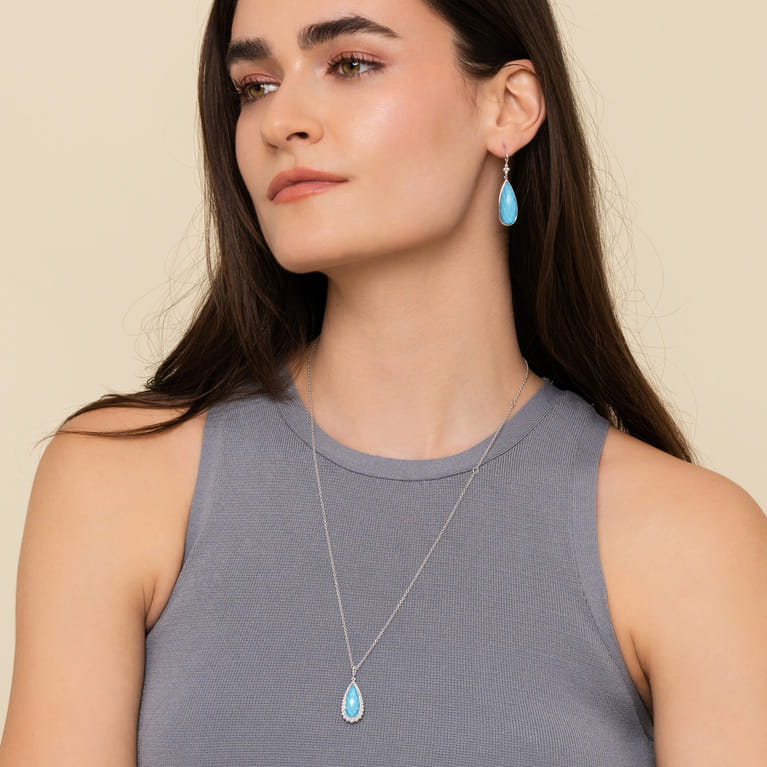 24 inch Sterling Silver Faceted Rock Crystal Turquoise Bujukan Teardrop Necklace - Shot 4