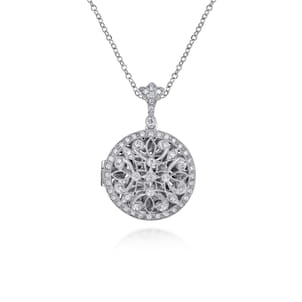24 inch Vintage Inspired 14K White Gold Filigree Diamond Locket Necklace