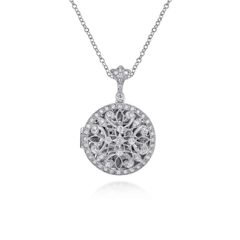 24 inch Vintage Inspired 14K White Gold Filigree Diamond Locket Necklace - 0.5 ct - Shot 1