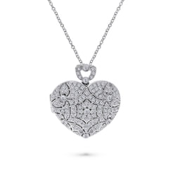 24 inch Vintage Inspired 14K White Gold Heart Shaped Filigree Diamond Locket Necklace