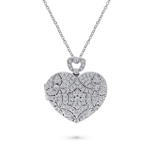 24 inch Vintage Inspired 14K White Gold Heart Shaped Filigree Diamond Locket Necklace