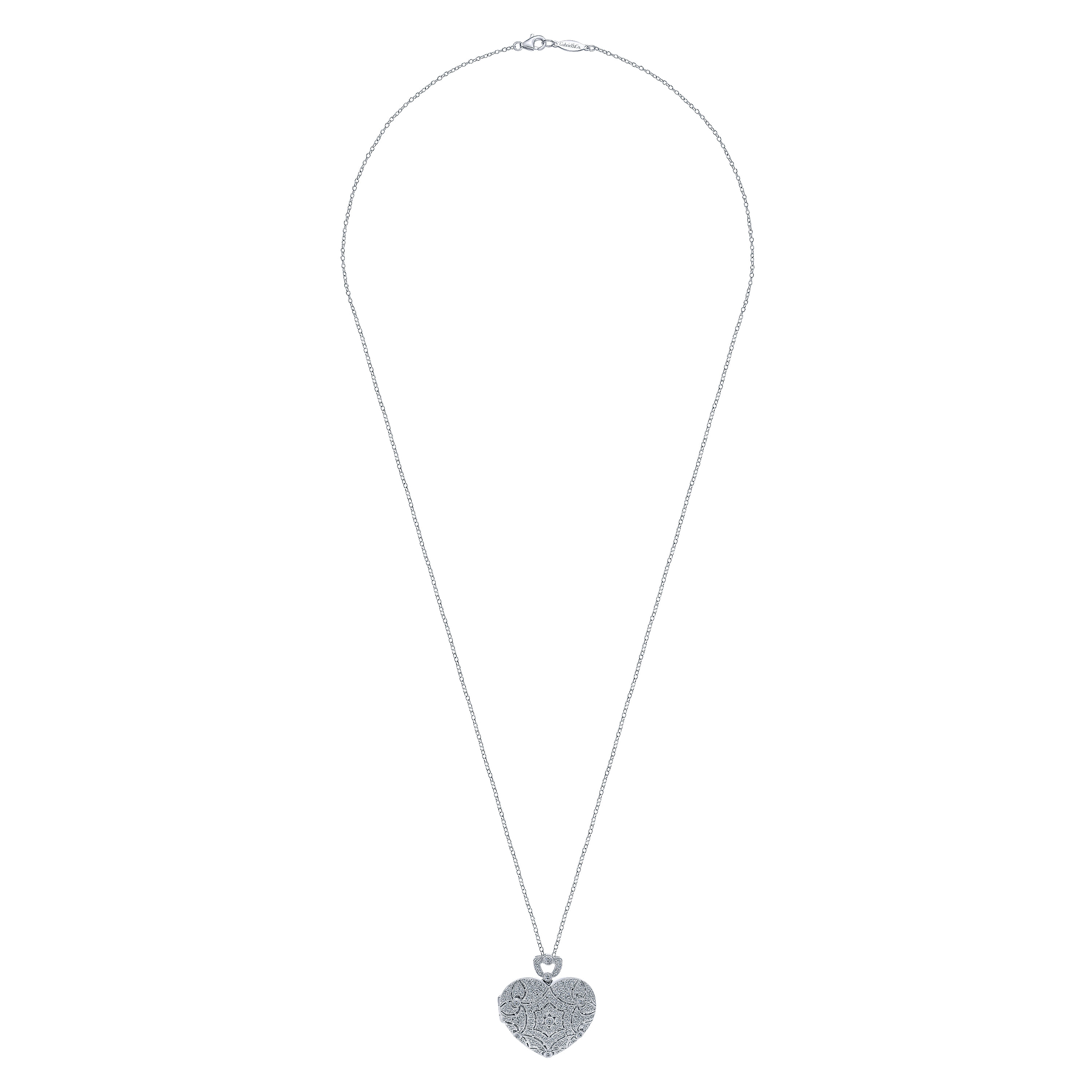 24 inch Vintage Inspired 14K White Gold Heart Shaped Filigree Diamond Locket Necklace - 1.15 ct - Shot 2