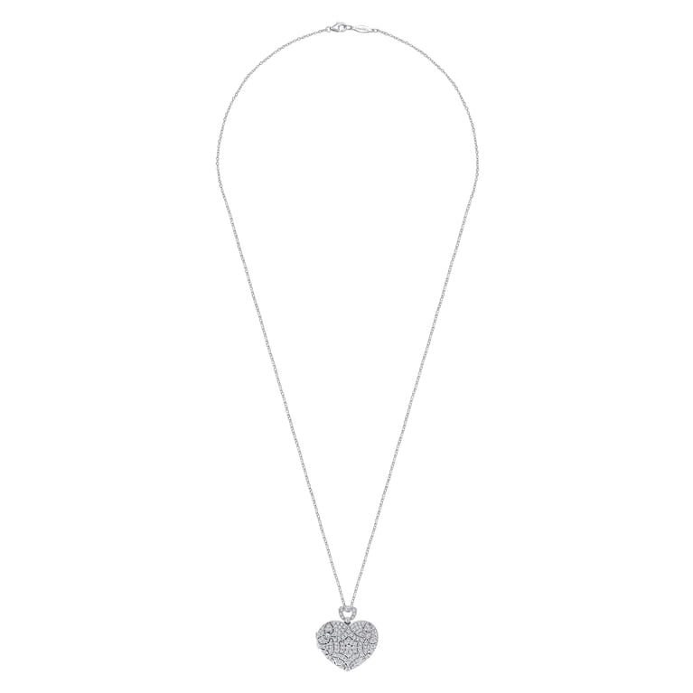 24 inch Vintage Inspired 14K White Gold Heart Shaped Filigree Diamond Locket Necklace - 1.15 ct - Shot 2
