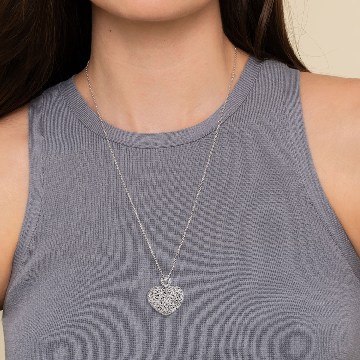24 inch Vintage Inspired 14K White Gold Heart Shaped Filigree Diamond Locket Necklace - 1.15 ct - Shot 3
