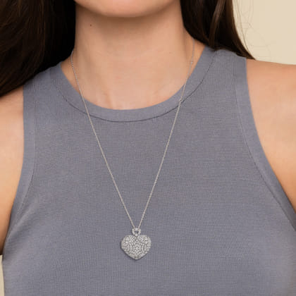 24 inch Vintage Inspired 14K White Gold Heart Shaped Filigree Diamond Locket Necklace