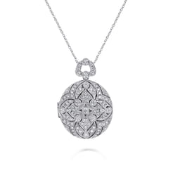 24 inch Vintage Inspired 14K White Gold Round Filigree Diamond Locket Necklace