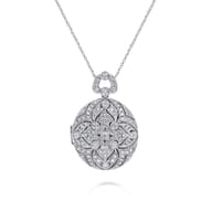 24 inch Vintage Inspired 14K White Gold Round Filigree Diamond Locket Necklace