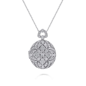 24 inch Vintage Inspired 14K White Gold Round Filigree Diamond Locket Necklace