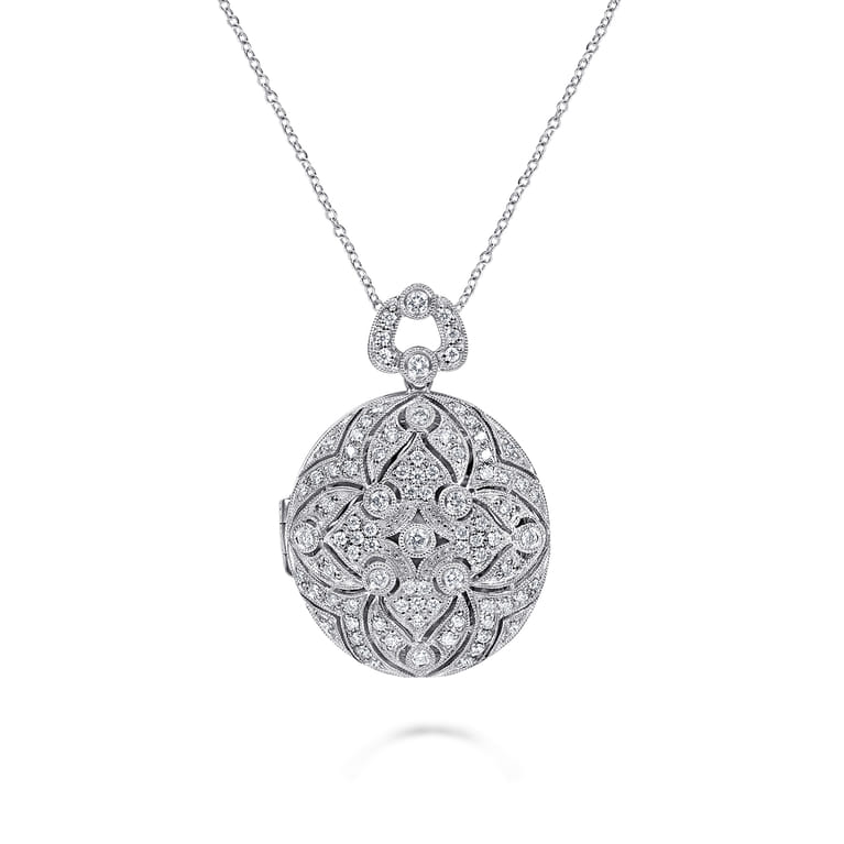24 inch Vintage Inspired 14K White Gold Round Filigree Diamond Locket Necklace - 0.75 ct - Shot 1