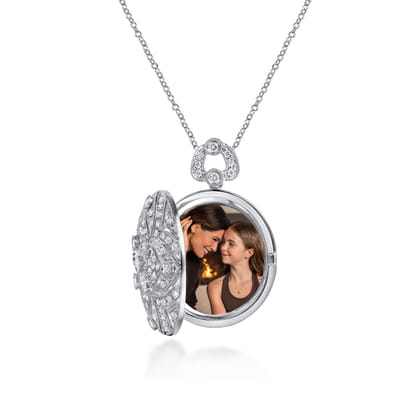 24 inch Vintage Inspired 14K White Gold Round Filigree Diamond Locket Necklace