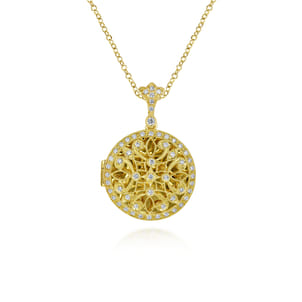24 inch Vintage Inspired 14K Yellow Gold Filigree Diamond Locket Necklace