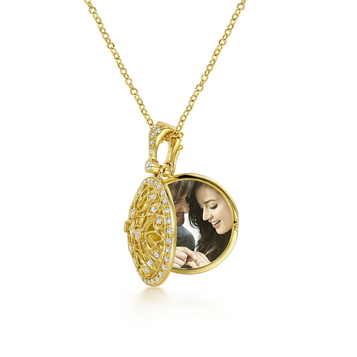 24 inch Vintage Inspired 14K Yellow Gold Filigree Diamond Locket Necklace - 0.5 ct - Shot 2