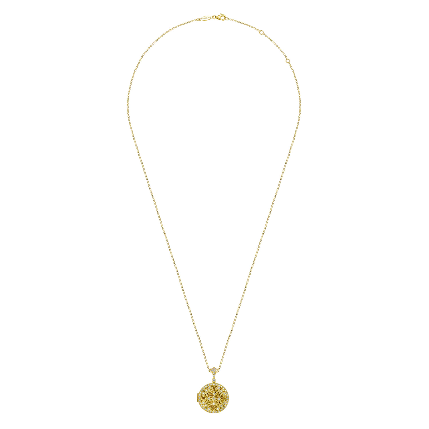 24 inch Vintage Inspired 14K Yellow Gold Filigree Diamond Locket Necklace