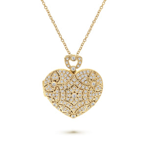 24 inch Vintage Inspired 14K Yellow Gold Heart Shaped Filigree Diamond Locket Necklace