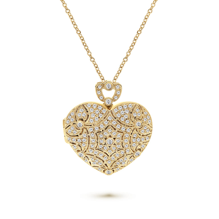 24 inch Vintage Inspired 14K Yellow Gold Heart Shaped Filigree Diamond Locket Necklace - 1.15 ct - Shot 1